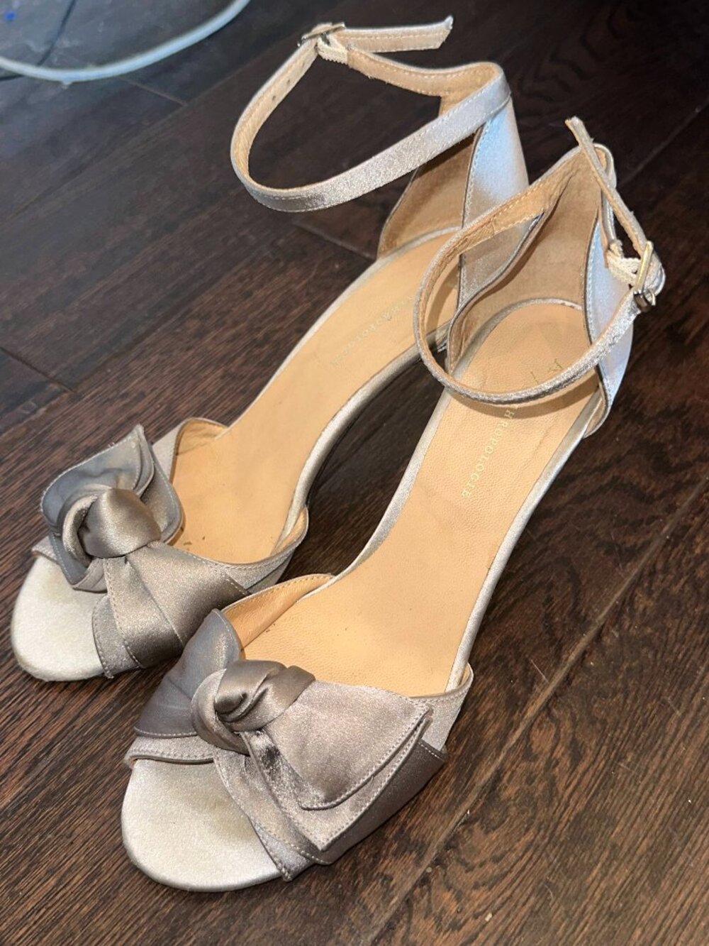 Anthropologie Women's Metallic Silver Bow Ankle Strap Heels